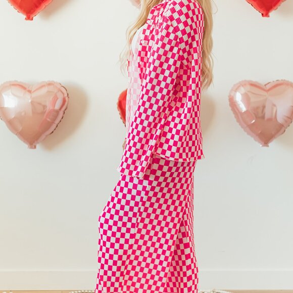 Pink Checkered Buttoned Shirt and High Waist Pants Pajama Set - Picture 10 of 16